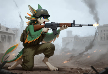 4_ears aiming angry anthro armor assault_rifle blue_eyes bulletproof_vest city clothing detailed_background feather_hair feathers fur green_body green_fur gun hair headgear helmet male markings messy_hair military_uniform multi_ear orange_markings pseudo_hair ranged_weapon rifle shooting smoke solo uniform war weapon white_body winged_arms wings yelling zarey emerald267 avali full-length_portrait hi_res portrait