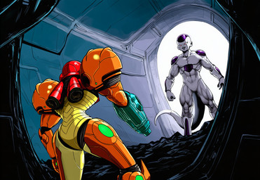 armor being_watched crossover duo eye_contact female looking_at_another male varia_suit anonymous_director dragon_ball metroid nintendo frieza samus_aran alien human humanoid mammal hi_res