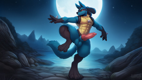 4_fingers 4_toes abs animal_genitalia animal_penis anthro balls big_penis biped black_body black_fur blue_balls blue_body blue_fur canine_genitalia canine_penis chest_spike claws detailed_background digitigrade erection feet fingers full_moon fur genitals hand_spike knot male male_anthro moon mountain muscular muscular_anthro muscular_male night nude one_leg_up outside paws penis pose raised_leg red_eyes sheath sky solo spikes spikes_(anatomy) tail telegram telegram_logo text toe_claws toes sergalbutt nintendo pokemon canid canine generation_4_pokemon lucario mammal pokemon_(species) director_name hi_res signature url