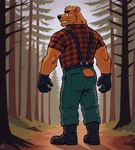 5_fingers anthro bared_teeth black_nose boots bottomwear brown_body brown_fur clothed clothing fingers flannel_shirt footwear forest frown fully_clothed fur gloves green_bottomwear green_clothing green_pants handwear looking_back male muscular muscular_male outside pants pattern_clothing pattern_shirt pattern_topwear plaid plaid_clothing plaid_shirt plaid_topwear plant rear_view shirt solo standing suspenders teeth topwear tree fox1400 brown_bear mammal ursid ursine absurd_res full-length_portrait hi_res portrait watermark