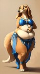 abstract_background absurd_res anthro belly_dancer bottomwear bra canid canine canis clothed clothing dancewear domestic_dog female ffox475 hi_res hunting_dog mammal overweight saluki sighthound skirt solo standing thick_thighs underwear