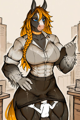anthro black_body black_fur blonde_hair blue_eyes bottomwear braided_hair choker clipboard clothing duo female fur hair jewelry male muscular muscular_female necklace office pencil_skirt shirt size_difference skirt topwear white_clothing white_shirt white_topwear anonymous_director anon clydesdale draft_horse equid equine horse human mammal hi_res