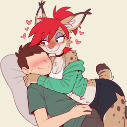 anthro blush bottomwear bra choker clothed clothing embrace eyeliner female hair heart_symbol hoodie human_on_anthro interspecies jewelry makeup miniskirt necklace off_shoulder open_clothing open_topwear ponytail red_hair romantic romantic_couple skirt smile sports_bra topwear underwear verbotenvertex frankie_foster felid feline human lynx mammal hi_res