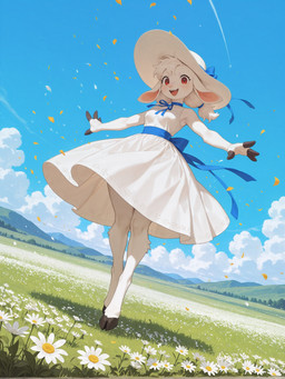 4_fingers accessory anthro back_ribbon bangs blue_ribbon blue_sky breasts clothing cloud cloudy contrail dress dutch_angle eyelashes female field fingers flower flower_field front_view goat_ears grass hair hair_accessory hair_ribbon happy hat headgear headwear hill hooved_fingers hooves landscape looking_at_viewer looking_down looking_down_at_viewer low-angle_view mountains neck_ribbon open_mouth petals pink_inner_ear pink_nose plant red_eyes ress ribbons short_tail sky sleeveless small_breasts smile solo spread_arm sun_hat tree twintails_(hairstyle) walking white_clothing white_flower white_hair white_hat white_headwear wind burioth bovid caprine goat mammal absurd_res hi_res