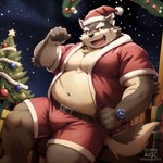 anthro belly bladewolf74 canid canine canis christmas_clothing clothing hi_res laughing male mammal moritaka paws scar solo tail