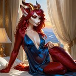 anthro bed bottomless clothed clothing clothing_lift curtains female furniture genitals horn lamp nightgown on_bed pussy sitting sitting_on_bed solo window denis0k dragon