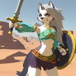 anthro armwear breasts clothing cosplay crossover crossover_cosplay female fur gerudo_outfit hair long_hair melee_weapon outside shield solo sword teeth weapon anonymous_director helluva_boss nintendo the_legend_of_zelda link loona_(helluva_boss) canid canid_demon canine demon hellhound mammal hi_res