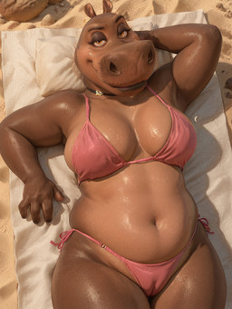 4_fingers anthro belly bikini bikini_bottom bikini_top breasts camel_toe choker clothing eyelashes eyeshadow female fingers glistening glistening_body hand_behind_head jewelry looking_at_viewer lying makeup medium_breasts navel necklace on_back sand slightly_chubby smile smug smug_face smug_look solo swimwear thick_thighs towel viewed_from_above wet wet_body wide_hips yellow_eyes chamir136_(director) gloria_(hoodie) hippopotamid humanoid mammal hi_res