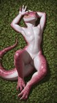 4_fingers anthro belly_scales claws female fingers flat_chested genitals hands_behind_head leaf lying on_back pink_body pink_scales plant pupils pussy scales slit_pupils solo white_body white_scales yellow_eyes warizard amphibian frog hybrid lizard reptile scalie absurd_res hi_res