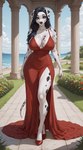 anthro beach_background big_breasts black_hair blue_eyes breasts clothed clothing curvy_figure dress eyeshadow female flower footwear hair high_heels long_hair makeup mature_female pillars plant red_clothing red_dress sleeveless sleeveless_dress solo spots whigwham canid canine canis dalmatian domestic_dog mammal absurd_res hi_res