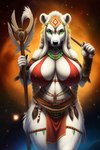 anthro bottomwear braided_hair clothed clothing cosmic_background erect_nipples female fur green_eyes hair intense_gaze jewelry loincloth long_hair looking_at_viewer markings necklace nipple_outline nipples sky solo staff standing star starry_background starry_sky tribal tribal_clothing tribal_jewelry tribal_markings tribal_necklace white_body white_fur white_hair wahrdu attea mammal polar_bear ursid ursine hi_res