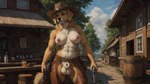 animal_genitalia anthro balls big_balls breasts casual_exposure clothed clothing cowboy_hat fully_sheathed fur genitals gynomorph hat headgear headwear intersex looking_at_viewer nipples outside presenting sheath smile solo topless topless_gynomorph topless_intersex huskeyking bird_dog canid canine canis domestic_dog golden_retriever hunting_dog mammal retriever hi_res