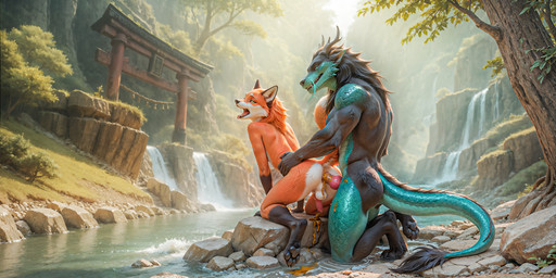 anal anal_penetration animal_genitalia animal_penis anthro antlers black_body black_fur canine_genitalia canine_penis cinematic cinematic_lighting dirty_anal duo feces feces_on_balls feces_on_genitals feces_on_penis fur genitals horn knot male male/male moan mythology orange_body orange_fur pawpads penetration penis river scat teal_scales torii_gate waterfall neuralknot canid canine dragon eastern_dragon fox mammal mythological_creature mythological_scalie scalie hi_res