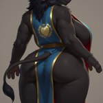 3_fingers anthro big_butt black_body black_fur black_hair breasts butt clothing curvy_figure duo female fingers fur hair head_out_of_frame rear_view side_boob simple_background smile tabard tail_tuft thick_thighs tuft aislopper bovid bovine mammal tauren hi_res