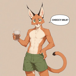 anthro bottomwear clothing container cup green_eyes holding_object looking_at_viewer male milk shorts simple_background solo speech_bubble stripedwatermelon caracal caracal_(genus) felid feline mammal hi_res