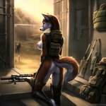 anthro breasts butt canid canine canis clothing detailed detailed_fur embarrassed female gun harness inside mammal metal mostly_nude ranged_weapon rifle side_boob solo square tactical_gear topwear vest weapon wolf