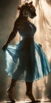 anthro blue_clothing blue_dress clothing dancing dramatic_lighting dress fabric female hair hair_bun light shadow silhouette solo solo_focus sundress bahufaru felid mammal pantherine tiger hi_res portrait