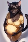 anthro big_ears black_body black_fur black_hair bra breasts brown_eyes brown_hair clothed clothing female fur hair long_hair looking_at_viewer medium_breasts partially_clothed pregnant pregnant_female short smile solo stripes underwear yiff_ai domestic_cat felid feline felis mammal