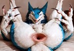 anthro anus aurugy balls bed big_anus blue_body blue_eyes blue_fur claws detailed fur furniture gaping gaping_anus genitals glistening glistening_anus hi_res inside looking_at_viewer lying lying_on_bed male on_back on_bed paws photorealism photorealistic presenting presenting_anus raised_leg realistic sergal sharp_claws smile smiling_at_viewer solo spread_legs spreading stable_diffusion