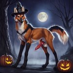 anatomically_correct anatomically_correct_genitalia animal_genitalia animal_penis balls canid canine canine_genitalia canine_penis clothing detailed detailed_background detailed_fur director_firewolf feral fog food fruit full_moon furryrock_(model) genitals hat headgear headwear hi_res jack-o'-lantern knot looking_at_viewer male mammal maned_wolf moon night paws penis plant pumpkin solo tree