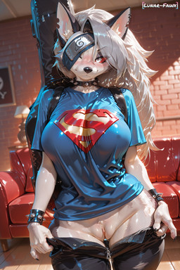 anthro bodily_fluids bottomwear bottomwear_down breasts clothed clothing collar female genital_fluids genitals looking_at_viewer looking_back looking_back_at_viewer medium_breasts pants pants_down partially_clothed pussy pussy_juice solo spiked_collar spikes white_eyes lunafawx hellaverse helluva_boss loona_(helluva_boss) canid canine canis mammal wolf absurd_res hi_res