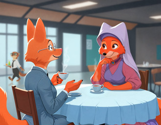4_fingers beverage breasts cafe chair clothed clothing coffee container crossover cup dress duo_focus eyelashes eyewear female fingers fur furniture glasses group holding_cup holding_object inside jewelry looking_at_another necklace necktie open_mouth open_smile orange_body orange_fur sitting smile steam suit table tail tea trio hank94_(director) disney the_bad_guys zootopia diane_foxington maid_marian sam_(zootopia+) canid canine fox mammal mustelid otter red_fox hi_res