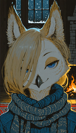 anthro beak bedroom_eyes blonde_hair blue_clothing blue_eyes chimney clothed_anthro clothed_female clothing female fireplace fur hair inner_ear_fluff inside looking_at_viewer narrowed_eyes night rug scarf seductive smile snow solo tuft white_body white_fur winter wood_floor yellow_body unknown_director avian bird owl hi_res