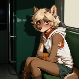 anthro blonde_hair boots bottomwear clothing depression ears_up female footwear freckled_face green_bottomwear green_clothing green_skirt hair light_brown_fur looking_at_viewer orange_clothing orange_sweater orange_topwear sitting skirt solo subway_car sweater tail topwear vest anonymous_director heather_mason_(silent_hill) canid canine canis mammal wolf hi_res