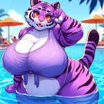 anthro big_breasts black_body black_fur breasts cheek_tuft clothing eyewear facial_tuft female fur glasses overweight partially_submerged pink_nose pool purple_body purple_fur shirt smile solo topwear tuft umbrella white_body white_fur wide_hips blackgum felid mammal pantherine tiger