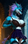 accessory anthro blue_body bottomwear bra breasts clothed clothing female fur garter grass hair horn legwear looking_at_viewer mythology panties plant purple_eyes skirt sky smile solo stockings underwear dvinzet sisu_(ratld) dragon mythological_creature mythological_scalie scalie hi_res