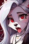 anthro breasts clothed clothing female fur hair jewelry looking_at_viewer necklace open_mouth presenting red_eyes seductive solo solo_focus tongue tongue_out white_body white_fur white_hair nikfur loona_(helluva_boss) canid canid_demon demon hellhound mammal