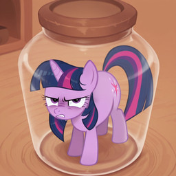 angry annoyed female feral furniture hair horn inside jar looking_at_viewer purple_body solo trapped boxen549 friendship_is_magic my_little_pony pony_cum_jar_project twilight_sparkle_(mlp) equid equine horse mammal pony unicorn