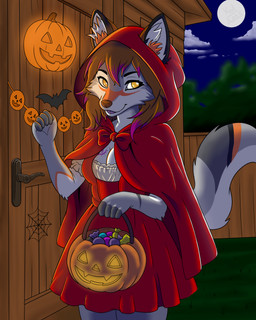 anthro candy cosplay dessert door female food halloween kurtkalupo moon solo fairy_tales little_red_riding_hood_(folklore) canid canine canis mammal wolf absurd_res hi_res