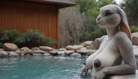 4_fingers anthro big_breasts black_nipples breasts detailed_background ears_down female fingers fur grey_body grey_fur nipples pivoted_ears purple_eyes realistic relaxing sagging_breasts solo wintertreat lagomorph leporid mammal rabbit hi_res