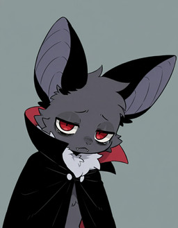 anthro bags_under_eyes bat_ears bat_wings bodily_fluids chibi cloak clothing facial_tuft fluffy fluffy_fur grey_background male membrane_(anatomy) membranous_wings neck_tuft red_eyes simple_background solo solo_focus tears topwear tuft tusks wings alastorgj pip_(alastorgj) bat mammal microbat phyllostomid vampire_bat yangochiropteran