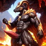 balls cloak cloak_only clothing dragon erection genitals horn humanoid jewelry lava male monster_hunter muscular nipples penis skyrimking solo tapering_penis wingless_dragon