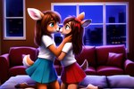 aiko anthro bottomwear bow_(disambiguation) clothed clothing cub duo female female/female hairbow kiss kissing night noses_touching shirt skirt topwear young venisoncreampie venison aisha cervid mammal hi_res