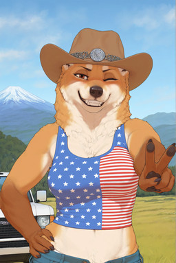 5_fingers black_nose bottomwear breasts brown_body brown_eyes claws clothed clothing cowboy_hat crop_top day denim denim_bottomwear denim_clothing detailed_background female finger_claws fingers flag fur gesture gloves_(marking) grass grin hand_on_hip hat headgear headwear looking_at_viewer markings midriff mountain navel neck_tuft one_eye_closed open_bottomwear open_clothing open_pants orange_body orange_fur outside pants pawpads plant shirt sky smile solo stars_and_stripes tank_top teeth topwear truck_(vehicle) tuft united_states_of_america v_sign vehicle white_body white_fur wink otteranon canid canine canis domestic_dog mammal shiba_inu spitz hi_res portrait