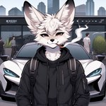 anthro canid canine car clothing detailed_background fennec fox fur lucifluffy male mammal solo techwear vehicle white_body white_fur wilek