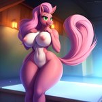 absurd_res anonymous_director anthro big_breasts big_nipples blush breasts cheerilee_(mlp) equid equine female genitals glistening glistening_body glowing green_eyes hair hand_on_own_breast hi_res horse inside looking_aside mammal my_little_pony navel nipples nude open_mouth open_smile pink_hair pony pool purple_body pussy smaller_image_at_source smile solo standing upscale white_breasts