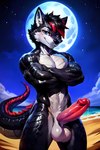 anthro balls beach black_body black_fur black_hair black_scales blue_eyes bodily_fluids crossed_arms frosting.ai fur genital_fluids genitals glistening glistening_body glistening_eyes glistening_genitalia hair highlights_(coloring) humanoid_genitalia humanoid_penis looking_at_viewer male moon muscular night penis precum red_highlights scales seaside smile solo standing star water mr_diddlez dovahgrohiik_(dovahgrohiik) canid canine canis dragon mammal wolf absurd_res hi_res