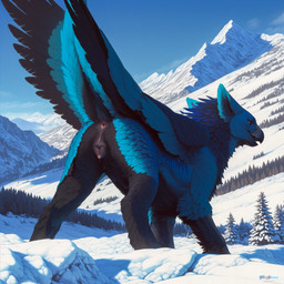 animal_genitalia animal_pussy anus beak blue_body blue_eyes blue_feathers bodily_fluids butt canine_genitalia canine_pussy detailed_background feathers female feral fur genital_fluids genitals inner_ear_fluff looking_at_viewer looking_back looking_back_at_viewer majestic mountains mythology plant pussy rear_view smile snow snow_on_branches snow_on_ground solo striped_body stripes sunny tail tail_feathers tail_up talons teats tuft wings winter chrisphoenix avian gryphon mammal mythological_avian absurd_res detailed hi_res huge_filesize