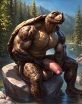 alex2018 anthro balls biceps big_balls big_penis day detailed_background erection genitals huge_balls huge_penis humanoid_genitalia humanoid_penis looking_at_viewer male mountains muscular muscular_anthro muscular_male nude outside penis plant reptile river scalie shell sitting sitting_on_rock smile solo spread_legs spreading tree turtle turtle_shell valley water