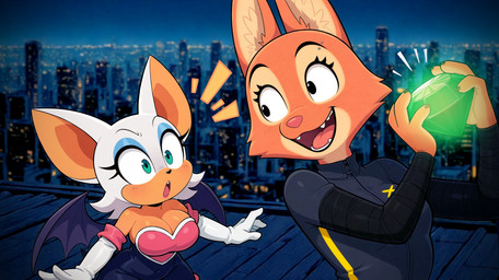 anthro armwear breasts building chaos_emerald city cleavage clothed clothing crossover duo elbow_gloves eyeshadow female fur gem gloves handwear makeup night open_mouth orange_body orange_fur surprise tan_body tan_skin video_games white_body white_fur wings anonymous_director sonic_the_hedgehog_(series) the_bad_guys diane_foxington rouge_the_bat bat canid canine fox mammal hi_res
