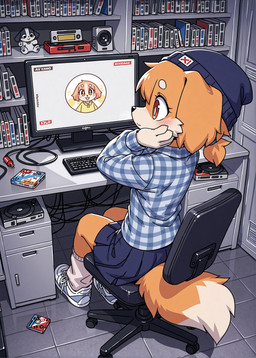 anthro beanie blush bottomwear checkered_clothing clothing electronics female fluffy footwear fur hair hand_on_cheek hat headgear headwear monitor orange_body orange_fur orange_hair outline pattern_clothing ponytail rear_view seat shoes short_hair skirt sneakers socks solo speaker video_games wire holo_(director) canid canine canis domestic_dog mammal absurd_res detailed full-length_portrait hi_res portrait
