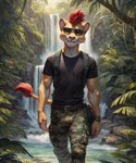 anthro backpack belt camo camo_clothing camo_print clothing day detailed_background eyewear jungle jungle_trees light looking_at_viewer male pattern_clothing plant rock scars solo sunglasses sunlight walking water waterfall jackson_maxston_(director) ajax_(jackson_maxston) felid lion mammal pantherine hi_res