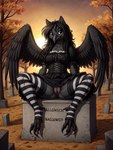 anthro autumn beak black_body black_clothing black_dress black_feathers black_hair braided_hair cemetery clothing dress feathers female genitals goth hair leaf legwear pattern_clothing pussy sitting smile smiling_at_viewer solo spread_legs spreading stockings striped_clothing stripes sunset talons tombstone wings autumndragon avian bird corvid corvus_(genus) crow oscine passerine hi_res