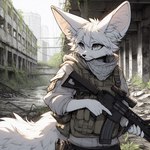 anthro building clothing dall-e_3 day detailed_background fur gray_eyes gun holding_gun holding_object holding_weapon male overgrown ranged_weapon rifle scarf solo tactical_gear weapon white_body white_fur lucifluffy wilek canid canine fennec fox mammal