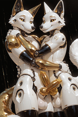 animal_genitalia animal_penis anthro balls black_background canine_genitalia canine_penis duo embrace fur genitals gold_(metal) gold_eyes hug looking_at_viewer machine male male/male nude nude_male penis robotic_arms robotic_body simple_background smile standing white_body white_fur neural_bunny android canid canine fox mammal robot hi_res