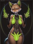 anthro black_background brown_body brown_fur claws elemental_manipulation female fire fire_manipulation fur green_body green_fur looking_at_viewer magic magic_user markings multicolored_body multicolored_fur nude orange_eyes simple_background smile solo standing director_myrlonel canid canine canis mammal wolf hi_res